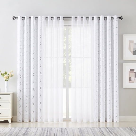 Pinewave White Blackout Curtains Mix and Match Geometric Silver Patterned,Sheer Drapes for Living Room,52w"x63L"x4,Grommet Top