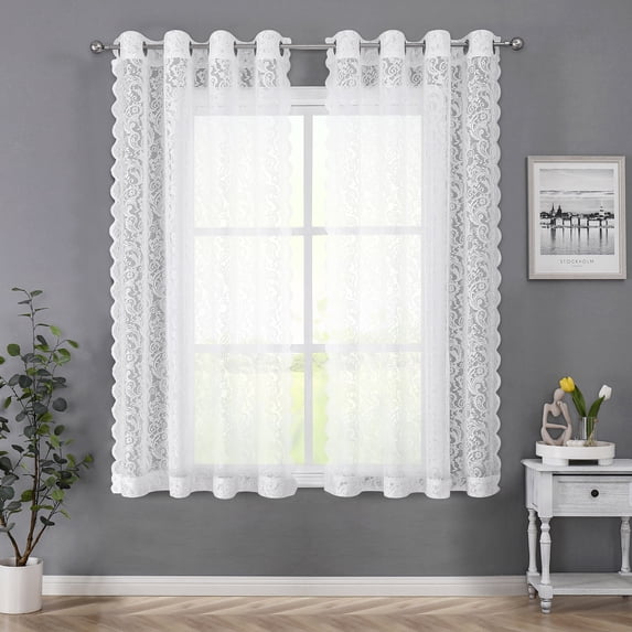 Pinewave Sheer Lace Vintage Floral Grommet Top Window Curtain, 2 Panels, White, 54"W x 63"L
