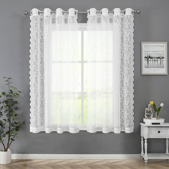 Pinewave White Lace Sheer Curtains for Living Room Floral Luxury Light Filtering Drapes Treatment,Grommet Top,54"Wx63"L,2 Panels