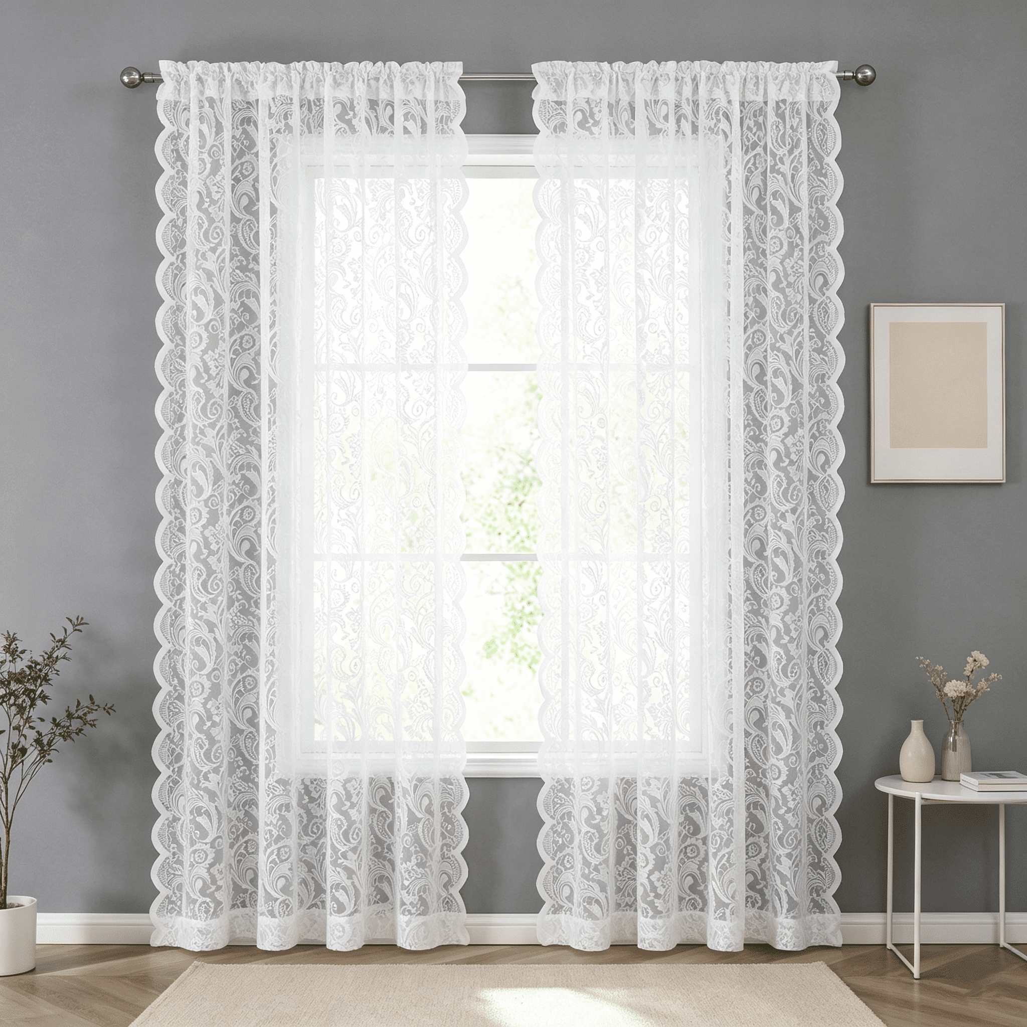 Pinewave Sheer Lace Vintage Floral Rod Pocket Window Curtain, 2 Panels, White, 54"W x 63"L