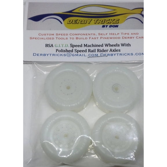 Pinewood Derby Lathed & polished G.I.D. Speed Wheels & Bent Rail Rider Axles