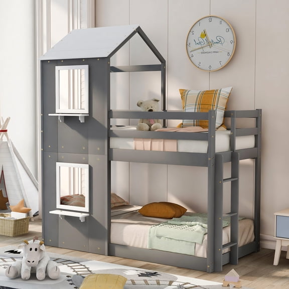 Pinewood Twin Over Twin Bunk | Safe with Guardrails & Ladder | Bedroom Setup