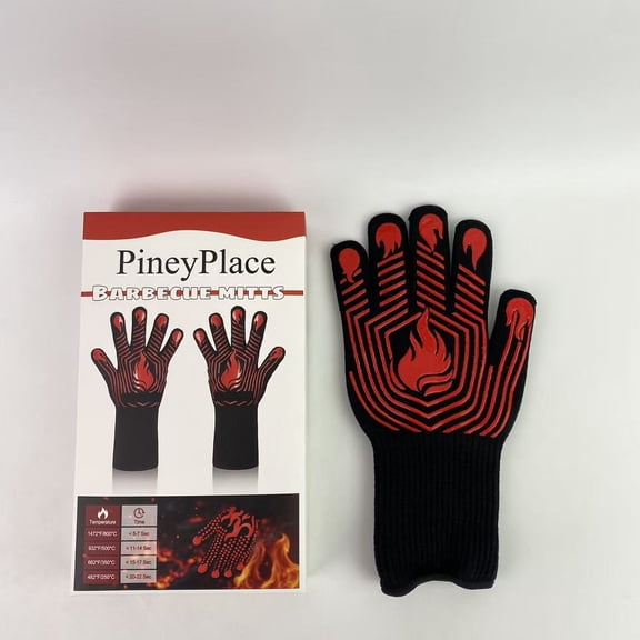 PineyPlace Barbecue mitts, Heat Resistant Grilling Gloves, Non-Slip Oven Gloves, Grill Mitts for Outdoor Grill, Long Kitchen Gloves for Barbecue, Cooking, Baking, Smoker (Red)