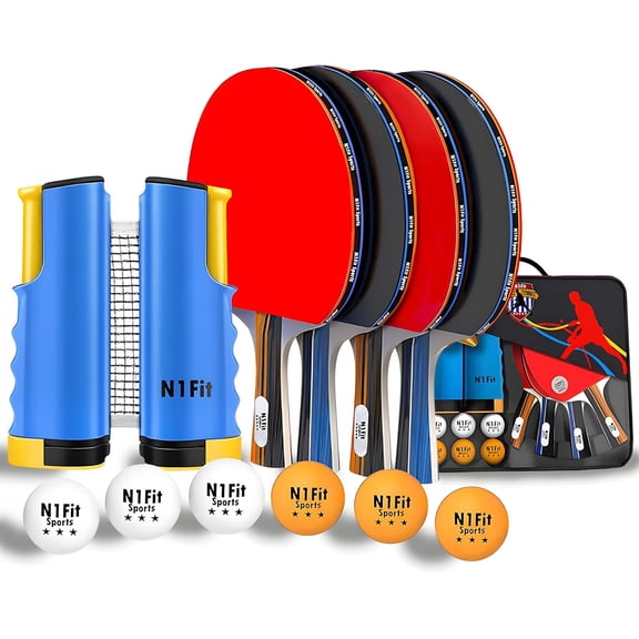 Ping Pong Paddle Set - 4 Professional Rackets, Retractable Net, 6 Pig Pong Balls, Carry Case - Indoor and Outdoor Table Tennis Play