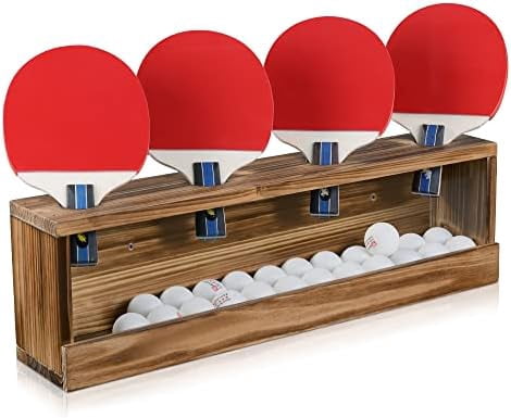 Ping Pong Paddle Storage Rack - Table Tennis Racket Display Wall Mounted Holder for 4 Paddles and Balls in Bar, Game Room, Office Break Room, Garage, Bedroom, Home - Rustic Burnt