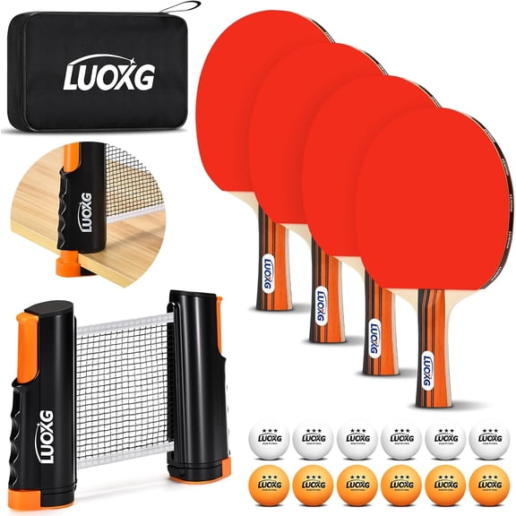 Ping Pong Paddles Set of 4, Including 4 Ping Pong Paddles, 12 Balls, a Ping Pong Net and a Portable Case, Table Tennis Rackets Set Suitable for Indoor and Outdoor Games, Four Players