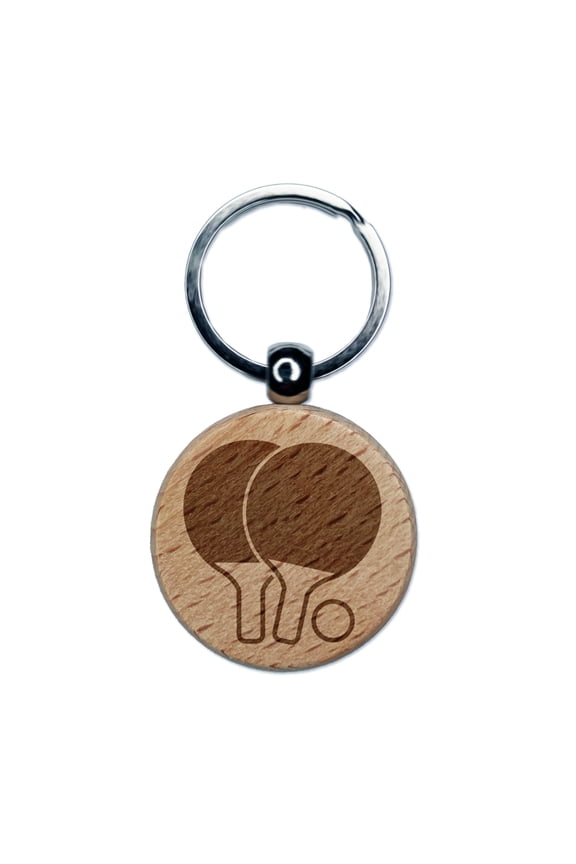 Ping Pong Table Tennis Paddles and Ball Round Keychain Charm Tag - Engraved Wood