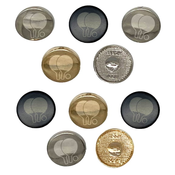 Ping Pong Table Tennis Paddles and Ball Set of 10 Metal 0.6" (15mm) Sewing Shank Round Buttons - Black Color