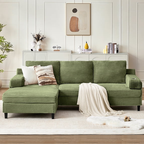 Pingliang Home 98" L-Shaped Sectional Sofa with Chaise, Comfy Corduroy Fluffy 3 Seater Couch with 2 Cup Holders for Living Room,Apartment,Office, Green