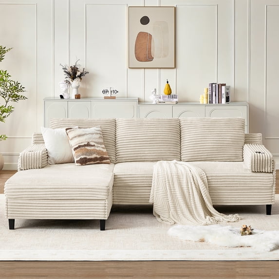 Pingliang Home 98" L-Shaped Sectional Sofa with Chaise, Comfy Corduroy Fluffy 3 Seater Couch with 2 Cup Holders for Living Room,Apartment,Office, Beige