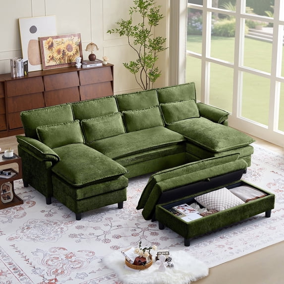 Pingliang Home 104.7" U Shaped Couch with Storage Ottoman,4 Seat Sectional Sofa with 4 Pillows and Double Chaises,Oversized Chenille Sofa Couch with Removable Ottoman for Living Room Apartment