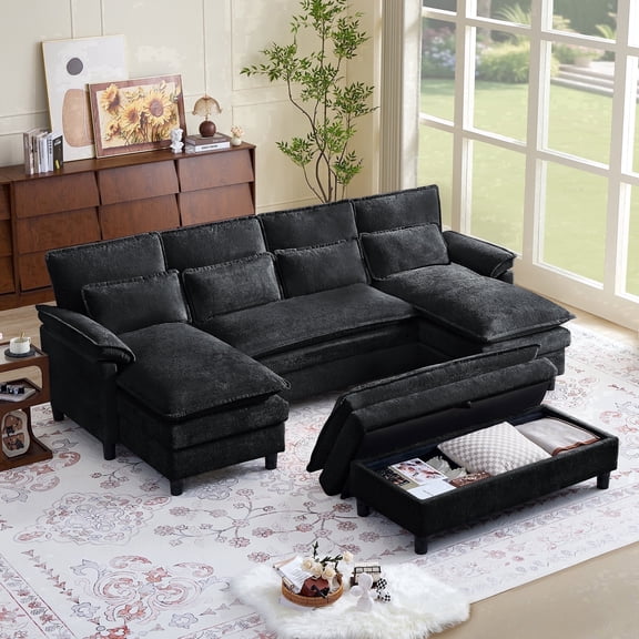 Pingliang Home 104.7" U Shaped Couch with Storage Ottoman,4 Seat Sectional Sofa with 4 Pillows and Double Chaises,Oversized Chenille Sofa Couch with Removable Ottoman for Living Room Apartment