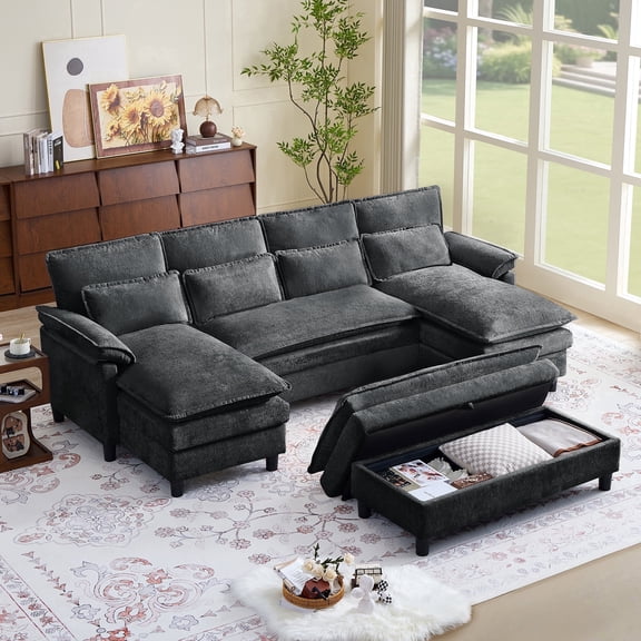 Pingliang Home 104.7" U Shaped Couch with Storage Ottoman,4 Seat Sectional Sofa with 4 Pillows and Double Chaises,Oversized Chenille Sofa Couch with Removable Ottoman for Living Room Apartment