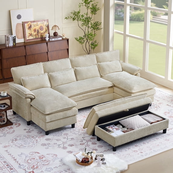 Pingliang Home 104.7" U Shaped Couch with Storage Ottoman,4 Seat Sectional Sofa with 4 Pillows and Double Chaises,Oversized Chenille Sofa Couch with Removable Ottoman for Living Room Apartment