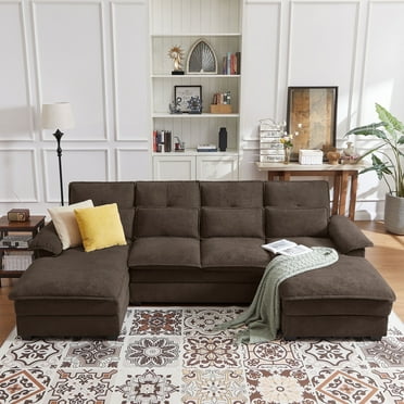 Pingliang Home 109.8" Oversized U Shaped Couch,4 Seat Sectional Sofa with 4 Throw Pillow,Upholstered Symmetrical Cloud Couch with Double Chaise,Wrap Around Sofa for Living Room Apartment Office,Brown