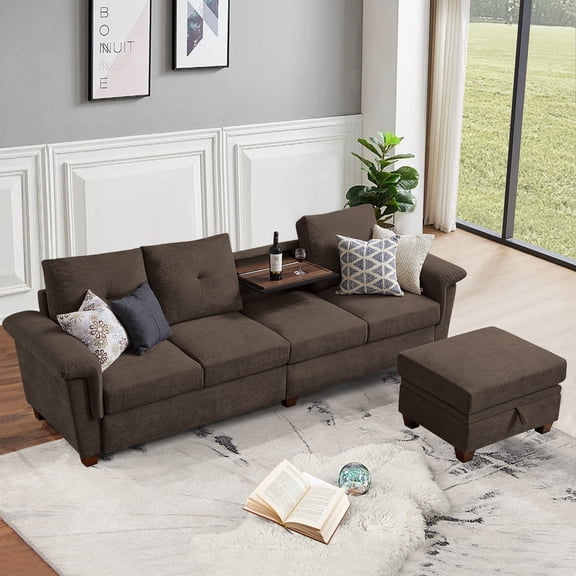 Pingliang Home 109" Sectional Sofa with Storage Ottoman & Coffee Table,4 Seat L Shaped Couch for Living Room,Apartment,Office,Studio