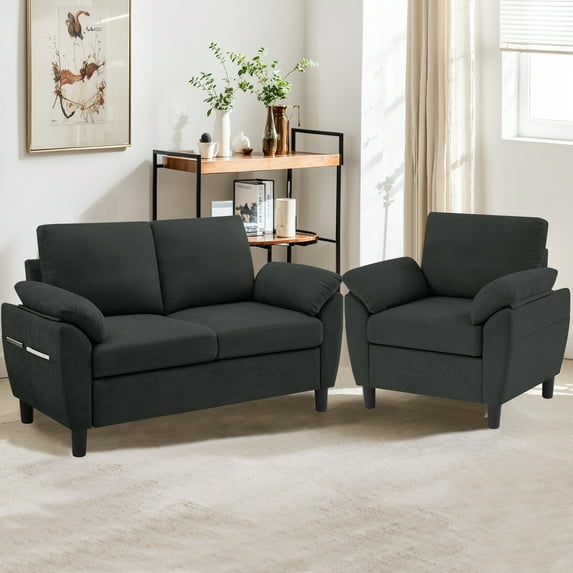 Pingliang Home 2 Pieces Furniture Set, 57" Loveseat and 35" Accent Chair, 1-Seater Single Armchair and 2-Seater Small Sofa Couch with Side Pockets for Dorm,Living Room,Apartment,Office,Studio