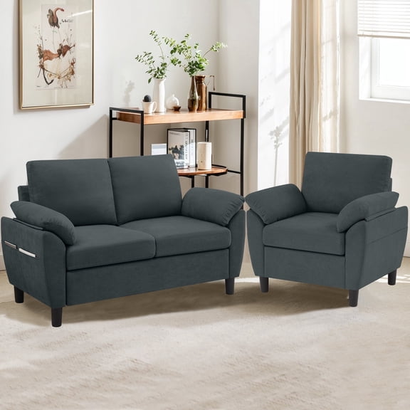 Pingliang Home 2 Pieces Furniture Set, 57" Loveseat and 35" Accent Chair, 1-Seater Single Armchair and 2-Seater Small Sofa Couch with Side Pockets for Dorm,Living Room,Apartment,Office,Studio