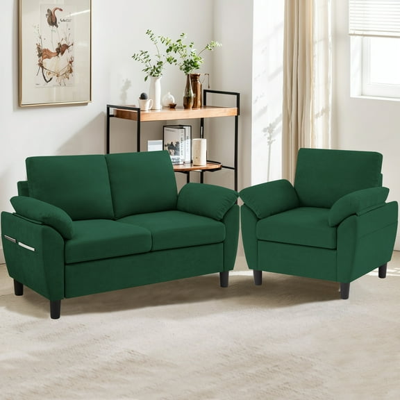 Pingliang Home 2 Pieces Furniture Set, 57" Loveseat and 35" Accent Chair, 1-Seater Single Armchair and 2-Seater Small Sofa Couch with Side Pockets for Dorm,Living Room,Apartment,Office,Studio