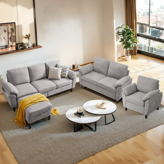 Pingliang Home 3 Piece Sofa Set,Convertible Sectional Sofa Couch with Storage Ottoman and Storage Pockets, L Shaped 3 Seater+Reversible Ottoman+Loveseat+Accent Chair,for Living Room Apartment Office