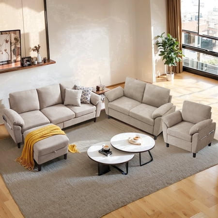 Pingliang Home 3 Piece Sofa Set,Convertible Sectional Sofa Couch with Storage Ottoman and Storage Pockets, L Shaped 3 Seater+Reversible Ottoman+Loveseat+Accent Chair,for Living Room Apartment Office