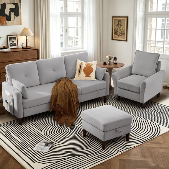 Pingliang Home 3 Piece Sofa Set, Living Room Furniture Set, Convertible L Shaped Couch Sectional Sofa with Storage Ottoman and Accent Chair,Modern Linen 3 Seat Couch & Single Chair