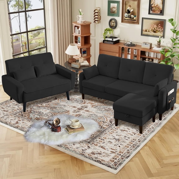 Pingliang Home 3 Piece Sofa Set, Living Room Furniture Set, Convertible L Shaped Couch Sectional Sofa with Storage Ottoman and Loveseat,Modern Linen 3 Seat Couch & 2 Seat Couch