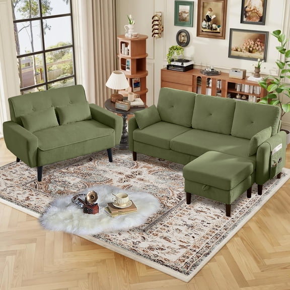 Pingliang Home 3 Piece Sofa Set, Living Room Furniture Set, Convertible L Shaped Couch Sectional Sofa with Storage Ottoman and Loveseat,Modern Linen 3 Seat Couch & 2 Seat Couch