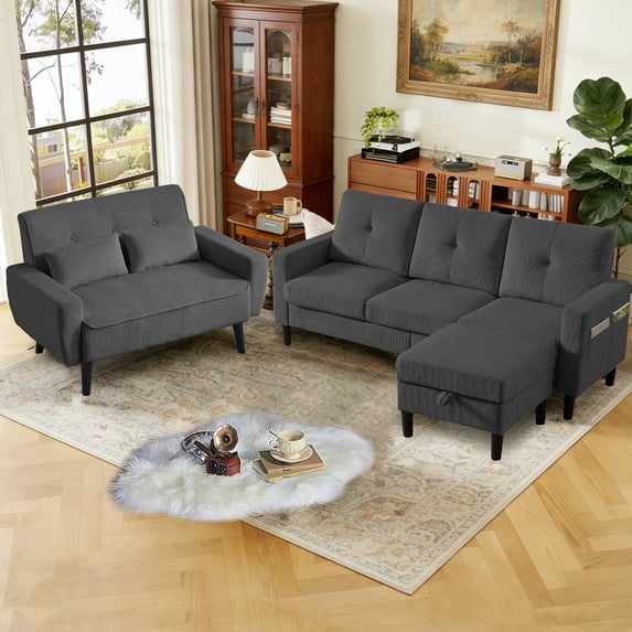 Pingliang Home 3 Piece Sofa Set, Living Room Furniture Set, Sectional Sofa Couch with Storage Ottoman and Loveseat,3 Seat L Shaped Couch & Double Seater Couch,Modern Linen Seating Set