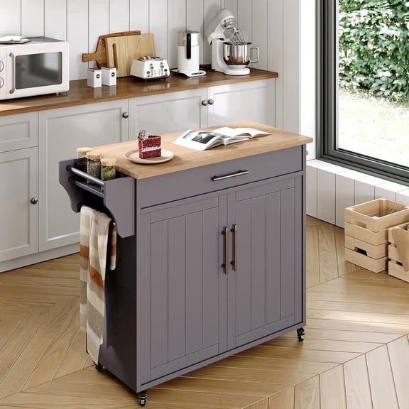 Pingliang Home 35" Kitchen Pantry Cabinet Kitchen Island with Storage,Wood Top Cart with Wheels,Fits for Home Coffee Bar