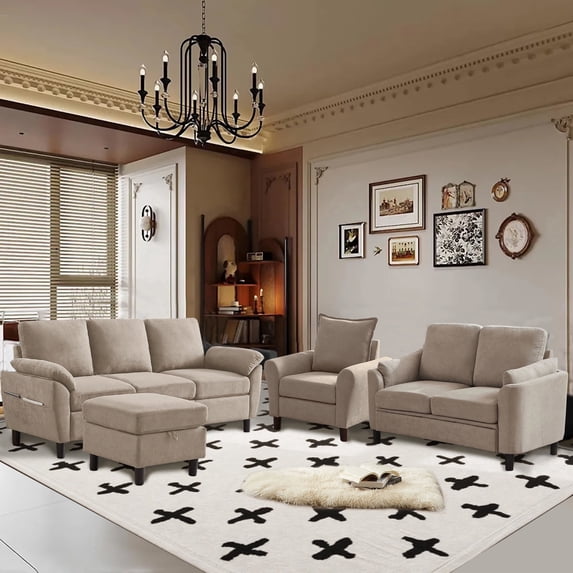 Pingliang Home 4 Piece Sofa Set,Sectional Sofa Couch with Storage Ottoman and Storage Pockets, L Shaped 3 Seater+Ottoman+Loveseat+Accent Chair,Living Room Furniture Set for Apartment Apt Living Room