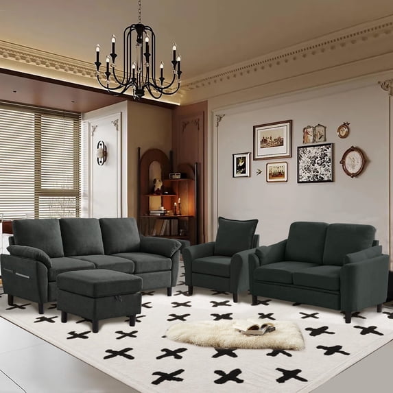 Pingliang Home 4 Piece Sofa Set,Sectional Sofa Couch with Storage Ottoman and Storage Pockets, L Shaped 3 Seater+Ottoman+Loveseat+Accent Chair,Living Room Furniture Set for Apartment Apt Living Room