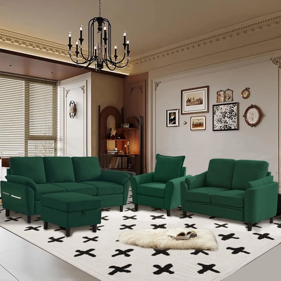 Pingliang Home 4 Piece Sofa Set,Sectional Sofa Couch with Storage Ottoman and Storage Pockets, L Shaped 3 Seater+Ottoman+Loveseat+Accent Chair,Living Room Furniture Set for Apartment Apt Living Room