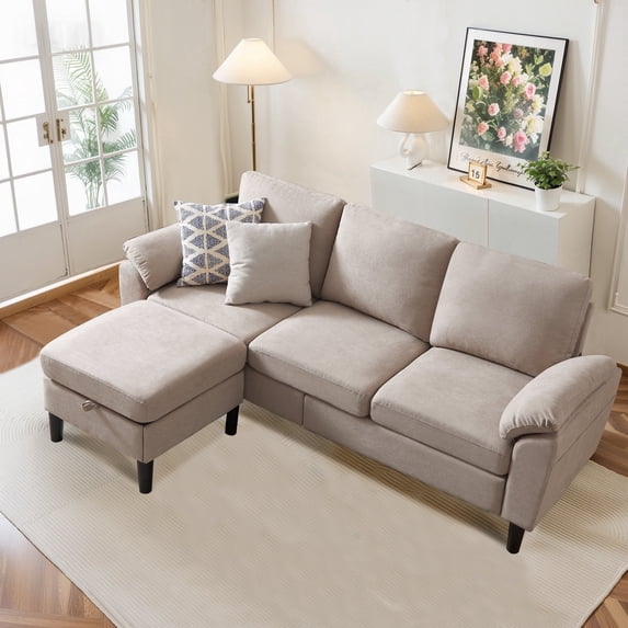 Pingliang Home 80" Sectional Sofa Couch,L Shaped 3 Seat with Reversible Storage Ottoman and Side Pockets, Modern Polyester Fabric Sofa Couches for Living Room Apartment Office Studio Small Space