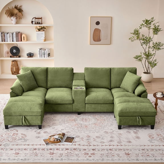 116" U Shaped Couch Modular Sectional Sofa with 2 Storage Ottomans & 1 Storage Console,USB Charging Ports & 2 Cup Holders & 2 Throw Pillows,Modern Linen 4 Seater Sofa for Living Room,Apartment,Office