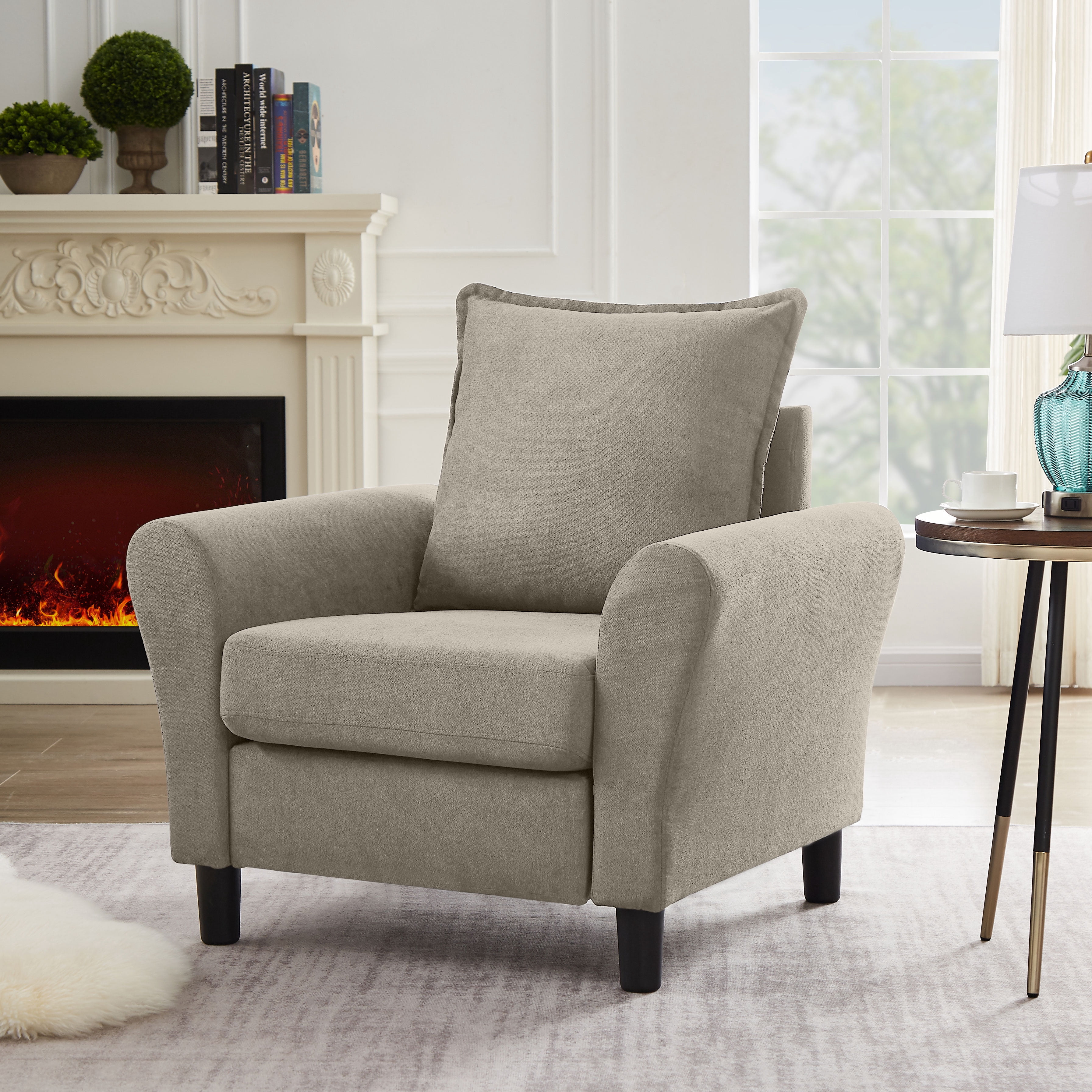 Pingliang Home Linen Fabric Accent Chairs, Mid Century Modern Armchair, Upholstered Comfy Single Sofa 1 Seat Sofa for Living Room, Apartment, Bedroom,Small Space Studio Office,Beige