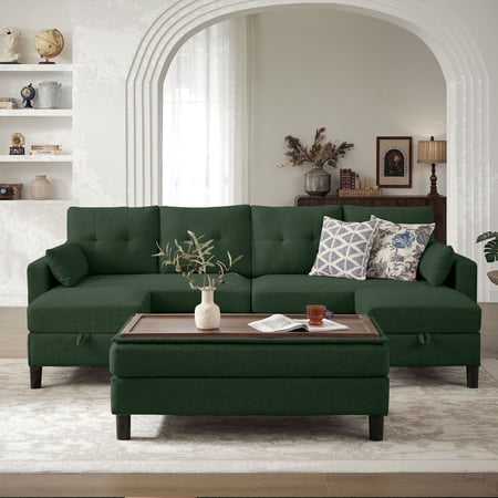 Pingliang Home 101" Convertible Sectional Sofa with Ottoman Coffee Table,U Shaped 4 Seat Sofa Couch with Storage Pockets,Modern Linen Sofa Bed with 3 Ottoman for Living Room Apartment Office Studio