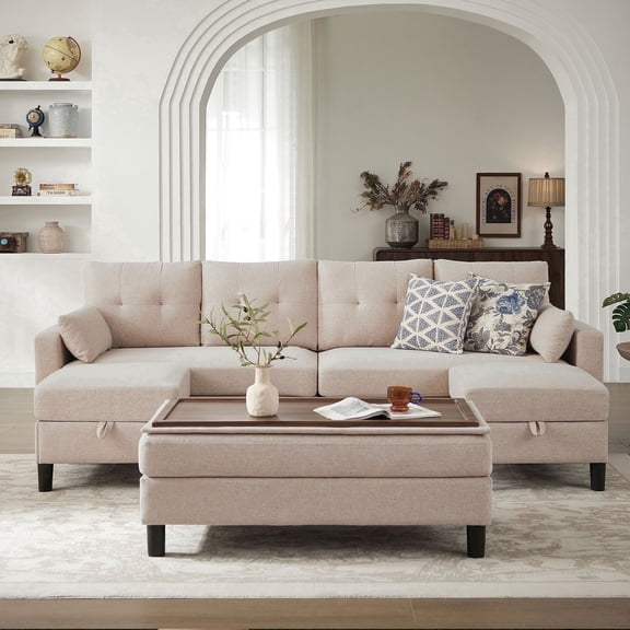 Pingliang Home 101" Convertible Sectional Sofa with Ottoman Coffee Table,U Shaped 4 Seat Sofa Couch with Storage Pockets,Modern Linen Sofa Bed with 3 Ottoman for Living Room Apartment Office Studio