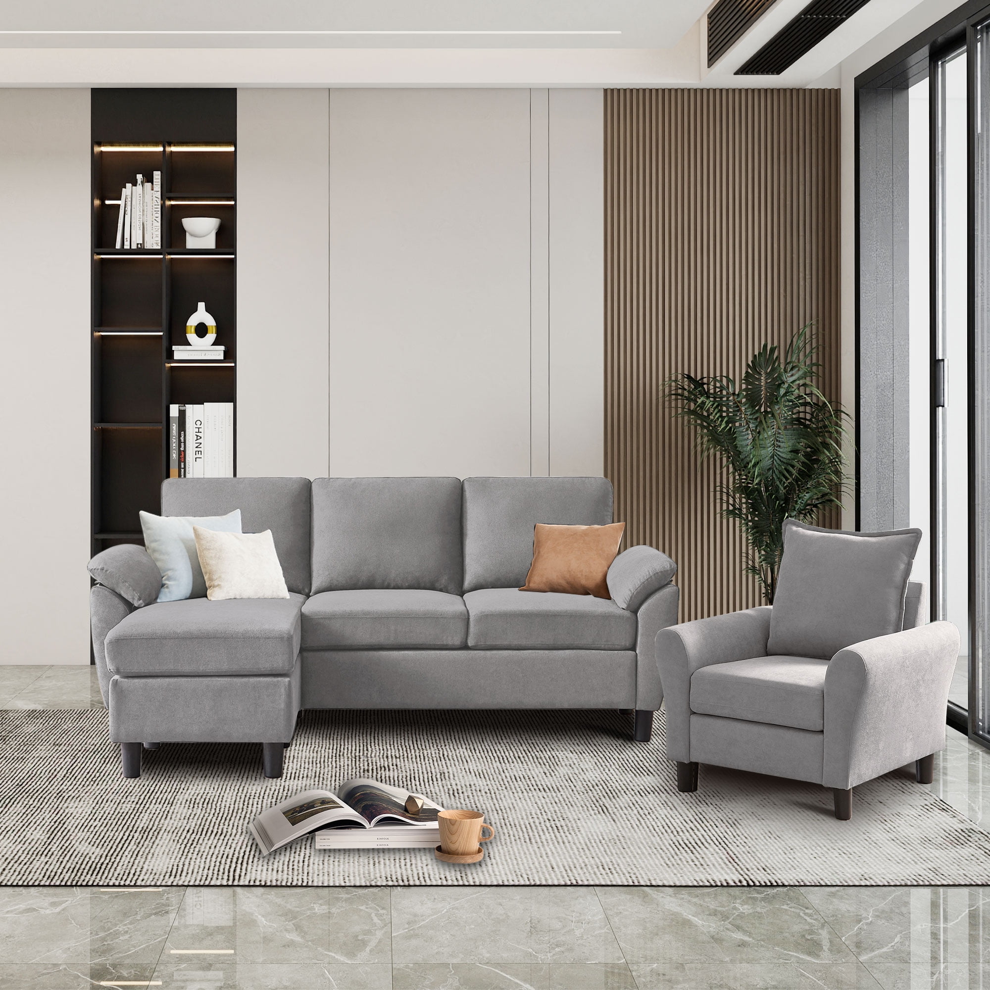 Pingliang Home Living Room Furniture Set,Sectional Sofa and Accent Chair,3 Seat L Shaped Couch with Reversible Storage Ottoman and Armchair, for Living Room Office Apartment Studio