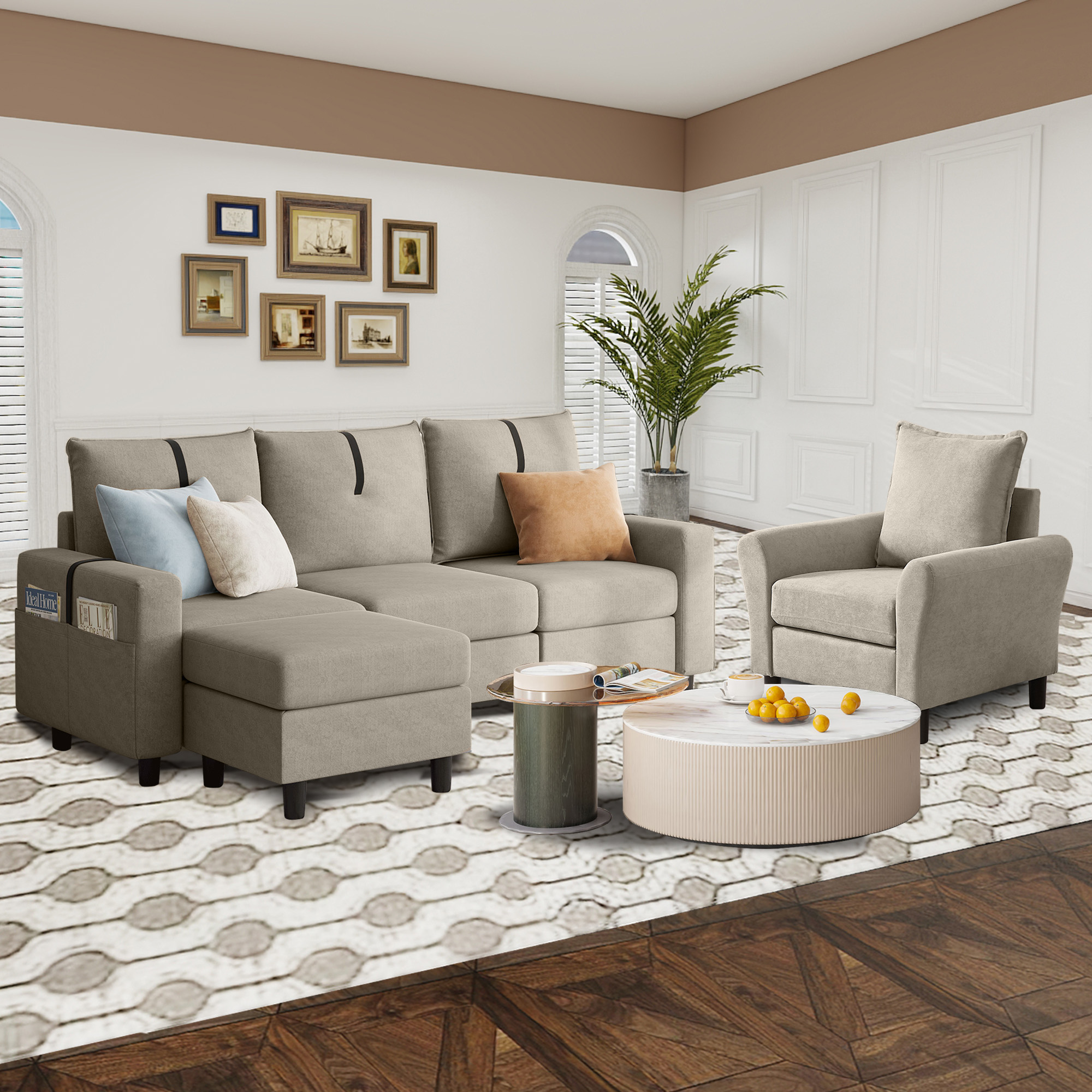 Pingliang Home Living Room Furniture Set,Sectional Sofa and Accent Chair,3 Seat L Shaped Couch with Reversible Storage Ottoman and Armchair, for Living Room Office Apartment Studio