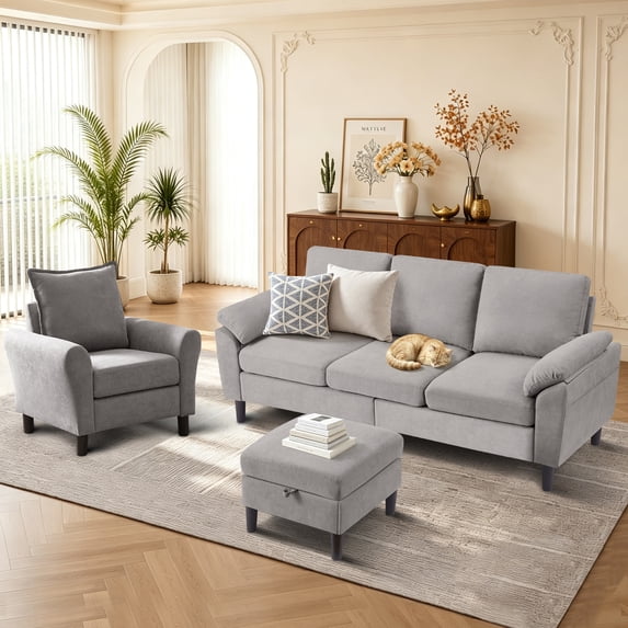 Pingliang Home Living Room Furniture Set,Sectional Sofa and Accent Chair,3 Seat L Shaped Couch with Reversible Storage Ottoman and Armchair, for Living Room Office Apartment Studio