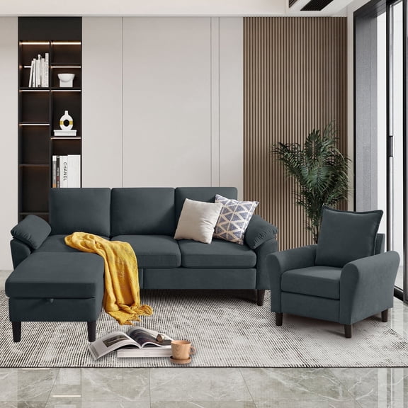 Pingliang Home Living Room Furniture Set,Sectional Sofa and Accent Chair,3 Seat L Shaped Couch with Reversible Storage Ottoman and Armchair, for Living Room Office Apartment Studio