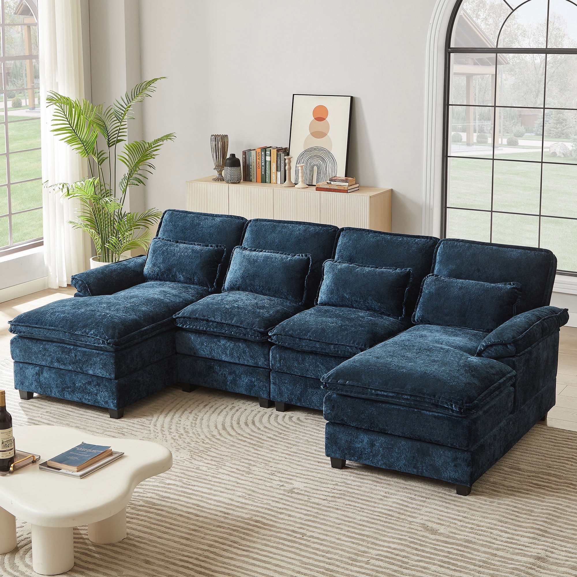 Pingliang Home Oversized Sectional Sofa U Shaped Couch 4 Seat with 4 Waist Pillows,Chenille Upholstery Symmetrical Sleeper Sofa Cloud Couch with Double Chaise Lounge for Living Room Apartment Office