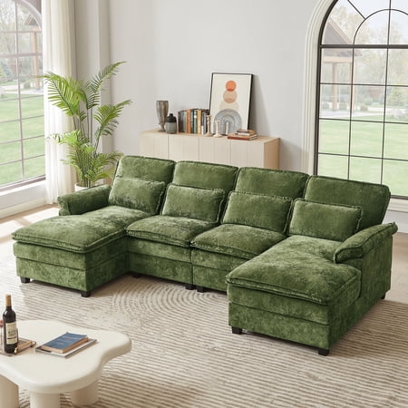 Pingliang Home Oversized Sectional Sofa U Shaped Couch 4 Seat with 4 Waist Pillows,Chenille Upholstery Symmetrical Sleeper Sofa Cloud Couch with Double Chaise Lounge for Living Room Apartment Office