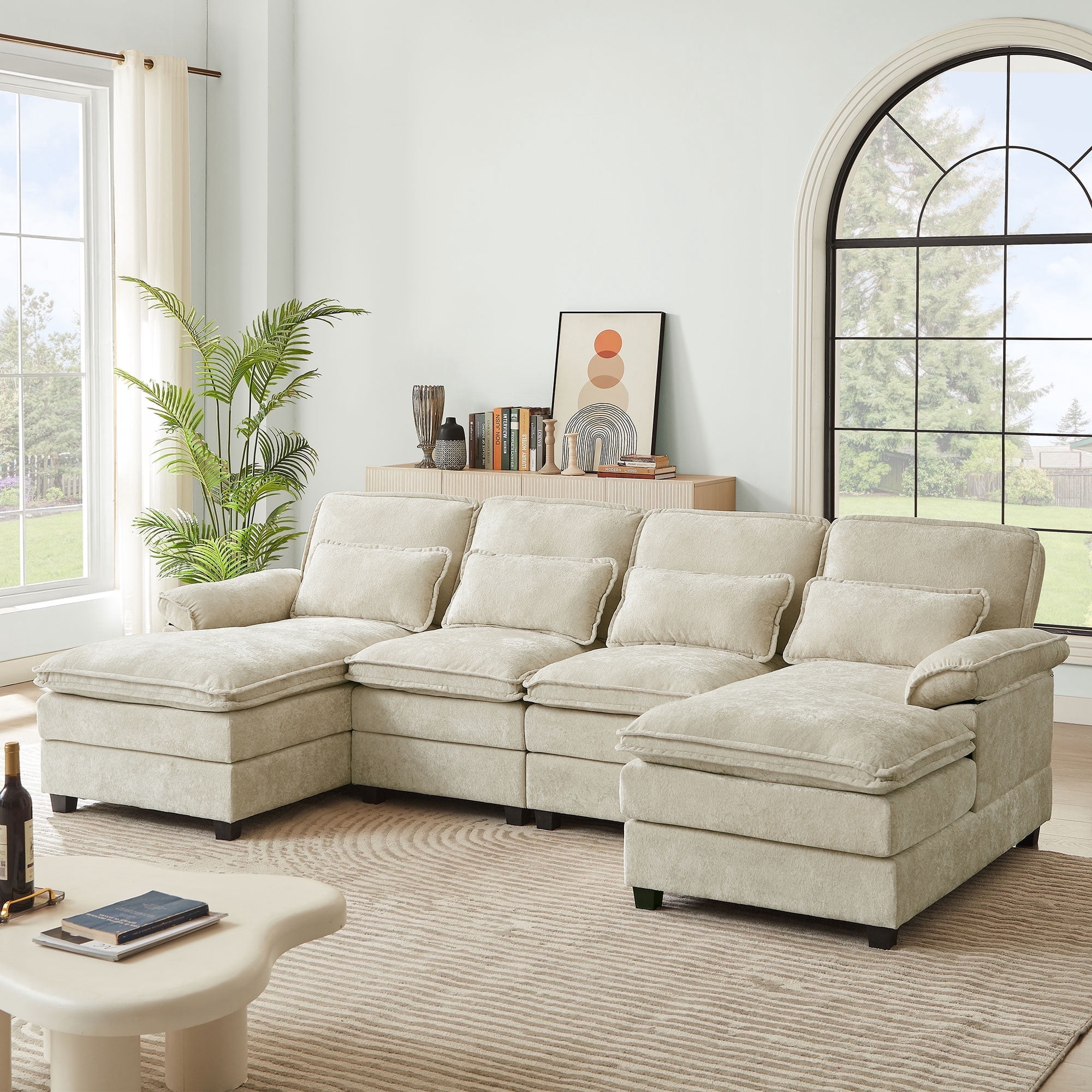 Pingliang Home Oversized Sectional Sofa U Shaped Couch 4 Seat with 4 Waist Pillows,Chenille Upholstery Symmetrical Sleeper Sofa Cloud Couch with Double Chaise Lounge for Living Room Apartment Office