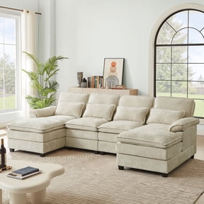 Pingliang Home Oversized Sectional Sofa U Shaped Couch 4 Seat with 4 Waist Pillows,Chenille Upholstery Symmetrical Sleeper Sofa Cloud Couch with Double Chaise Lounge for Living Room Apartment Office