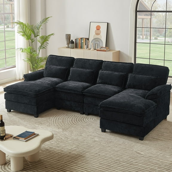 Pingliang Home Oversized Sectional Sofa U Shaped Couch 4 Seat with 4 Waist Pillows,Chenille Upholstery Symmetrical Sleeper Sofa Cloud Couch with Double Chaise Lounge for Living Room Apartment Office