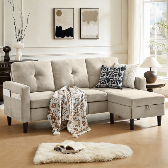 Pingliang Home Sectional Sofa with Storage Ottoman, Modern Couch with Footstool and Side Pockets,3 Seat L Shaped Couches for Living Room Apartment Office Studio