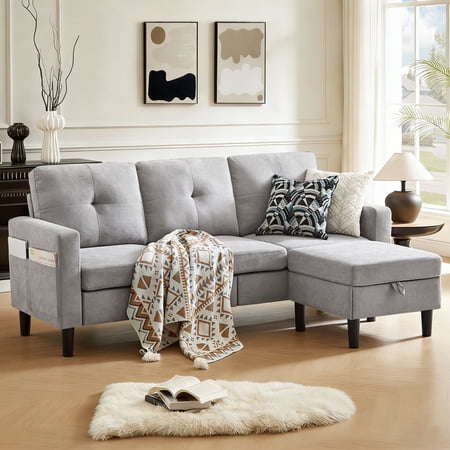 Pingliang Home Sectional Sofa with Storage Ottoman, Modern Couch with Footstool and Side Pockets,3 Seat L Shaped Couches for Living Room Apartment Office Studio