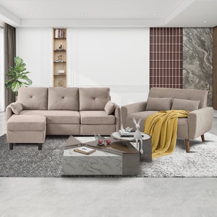 Pingliang Home Furniture Set with 4 Throw Pillows,Convertible Sectional Sofa with Storage Ottoman and Loveseat, 3 Seat L Shaped Couch with Side Storage Pockets for Living Room Office Apartment Studio
